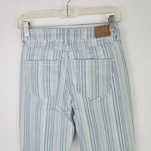 American Eagle AE High Waisted Stretch Mom Jeans Striped Blue White Size 0 Reg - Picture 6 of 16